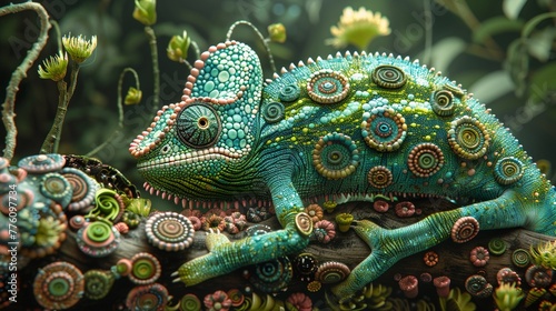 Closeup of a vibrant green chameleon, capturing its majestic stance and detailed textures, a masterpiece of evolution