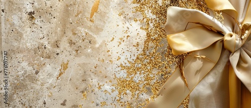This banner features gold ribbons wrapped around the edges and a golden stars background with a bow border on top. The background also includes a volume mesh multilayer of Golden glitter. photo