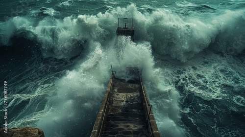 A large wave is crashing into a pier. The water is rough and choppy, and the pier is in the middle of the wave. The scene is intense and dramatic, with the power of the ocean on full display