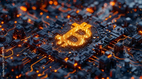 Closeup on a glowing Bitcoin symbol  futuristic circuit background Graph lines rise in the background  symbolizing growth and potential