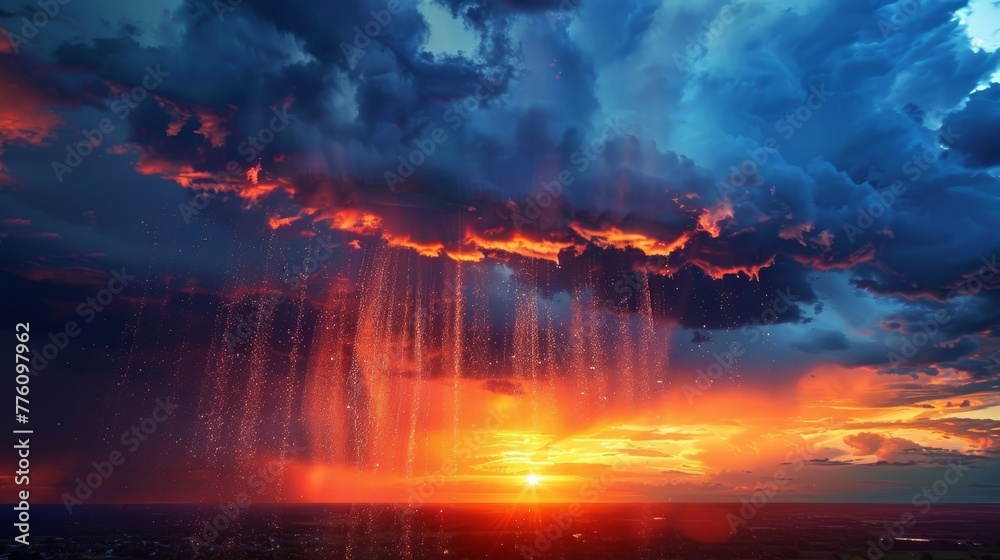 A beautiful sunset with a stormy sky in the background. The sky is filled with clouds and the sun is setting