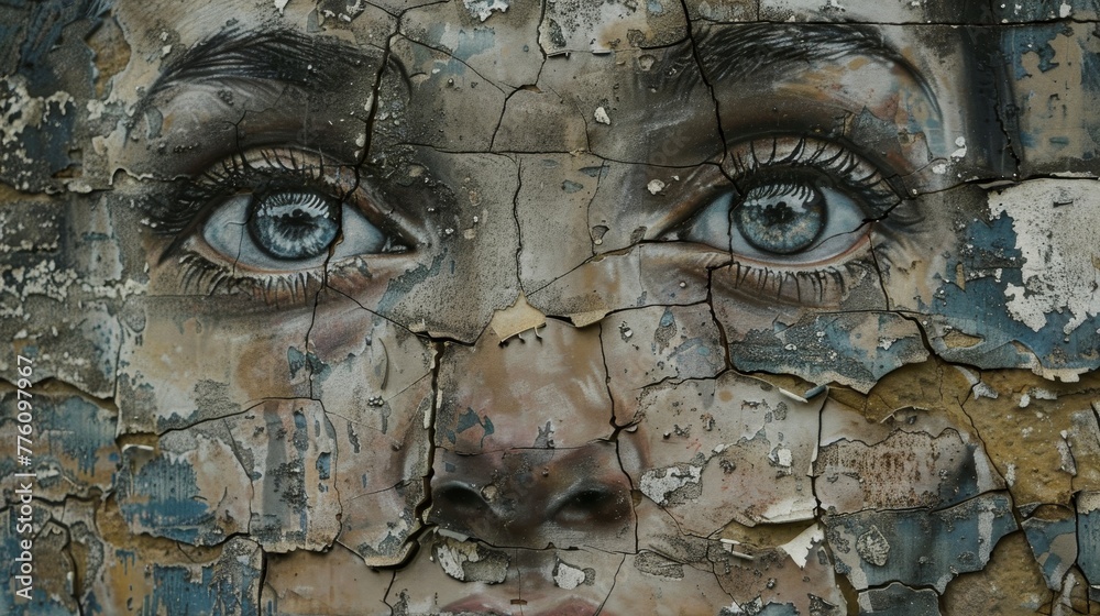A woman's face is painted on a wall with her eyes open. The painting is a mix of blue and brown colors. The painting gives off a feeling of curiosity and wonder A woman's face is painted on a wall with her eyes open. The painting is a mix of blue and brown colors. The painting gives off a feeling of curiosity and wonder