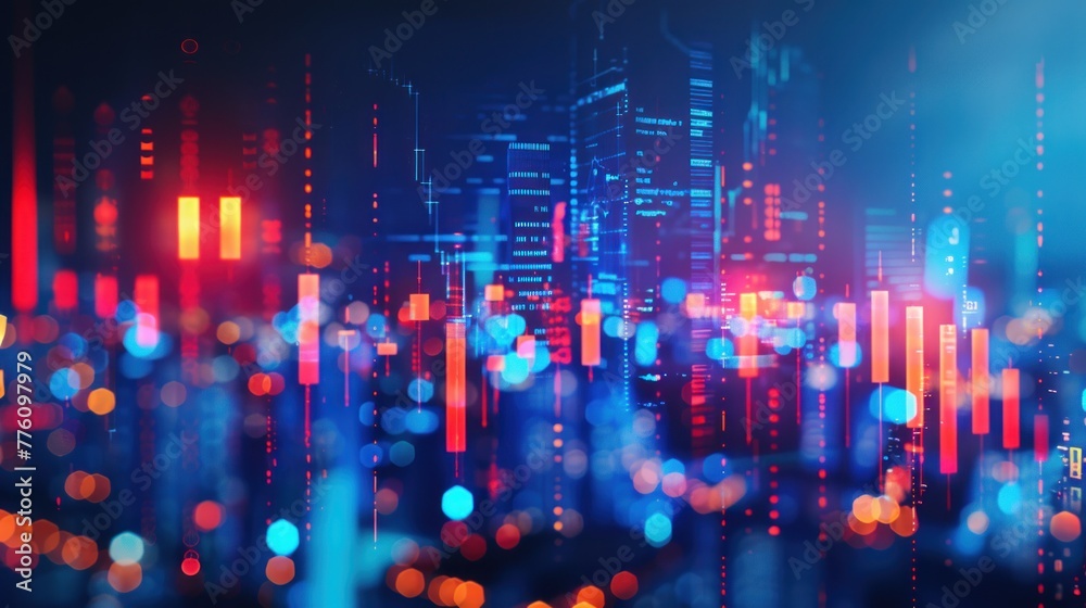 Defocused blurred cityscape background with candlestick chart investment