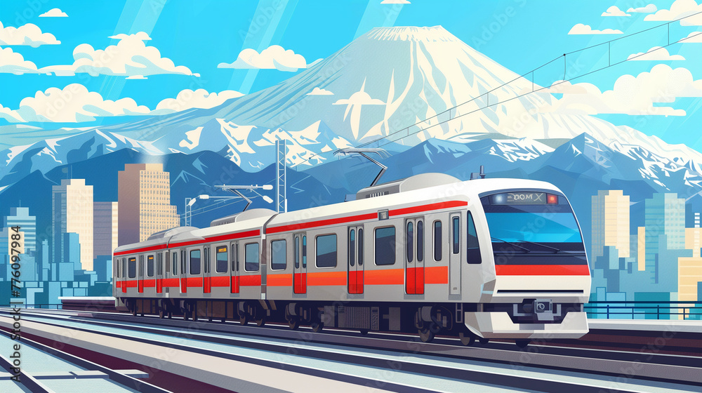 A modern train in front of mountains and a cityscape, Generative AI