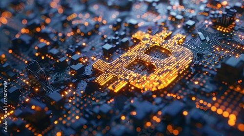 Closeup on a glowing Bitcoin symbol, futuristic circuit background Graph lines rise in the background, symbolizing growth and potential