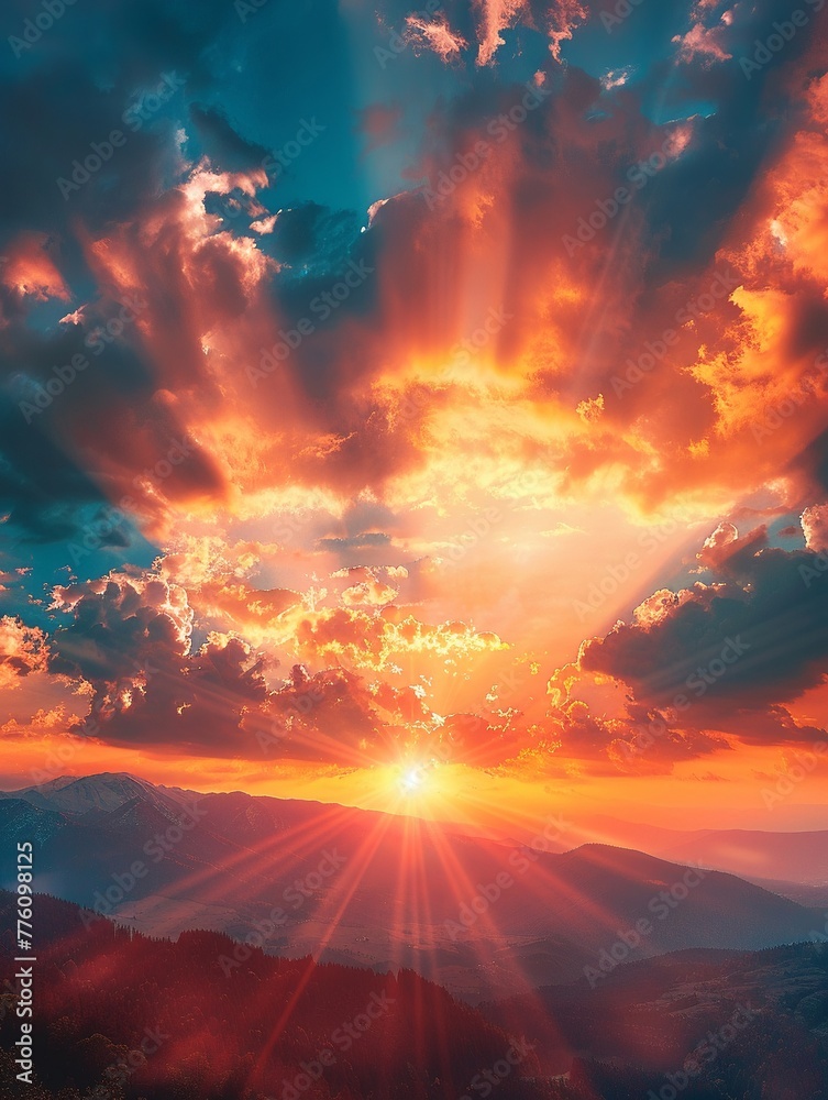 A breathtaking sunset in a mountain area, with majestic light and clouds painting the sky in a mesmerizing display