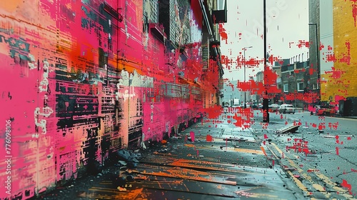 A street scene with a graffiti wall and a red brick wall © Sodapeaw