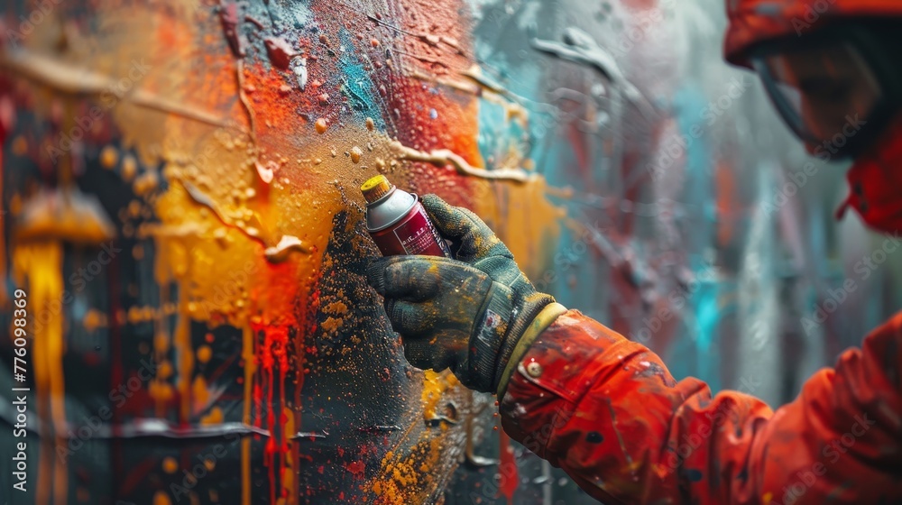 A man in an orange jacket is painting a wall with a spray can. The wall is covered in colorful paint, and the man is wearing gloves. Scene is energetic and creative