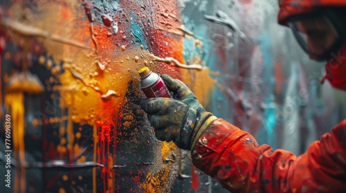 A man in an orange jacket is painting a wall with a spray can. The wall is covered in colorful paint, and the man is wearing gloves. Scene is energetic and creative