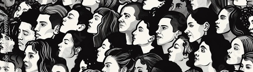 A monochrome illustration showcasing a dense gathering of diverse individuals seamlessly interwoven in a continuous pattern, perfect for use as a background or textile design