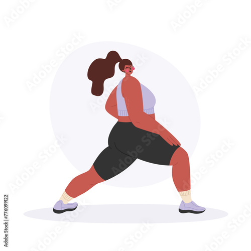 Plus size woman doing forward lunge exercise. Curvy female body. Body positive and healthy lifestyle