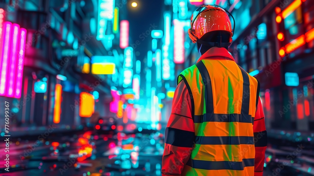 High visibility vest with reflective stripes and bright colors, set against a futuristic background filled with holographic buildings and neon lights
