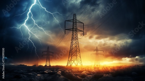Electrical Tower with Lightning Strike