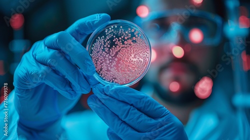 Detailrich image of a scientist with blue gloves, holding up a petri dish, showcasing intriguing bacteria cultures photo