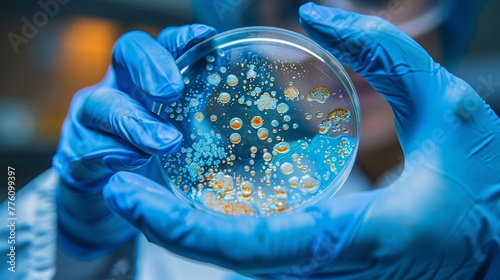 Detailrich image of a scientist with blue gloves, holding up a petri dish, showcasing intriguing bacteria cultures photo