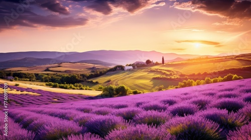 Purple lavender field in a hilly environment at sunset