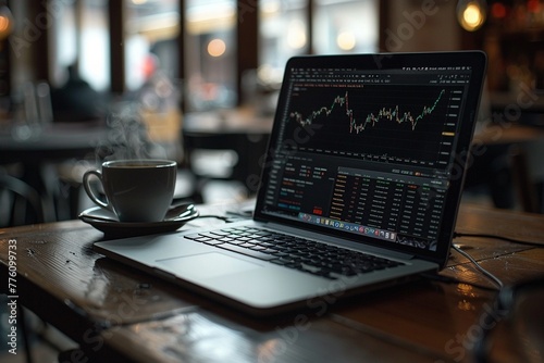 Dynamic angle of a traders laptop with live stock analysis, coffee cup steaming beside