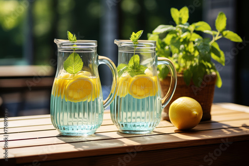 Refreshing summer lemon water with mint leaves on wooden table