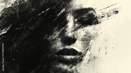 Abstract black and white image of a woman’s face capturing raw emotion and deep expression through bold lines and contrasting tones.. Generated AI.