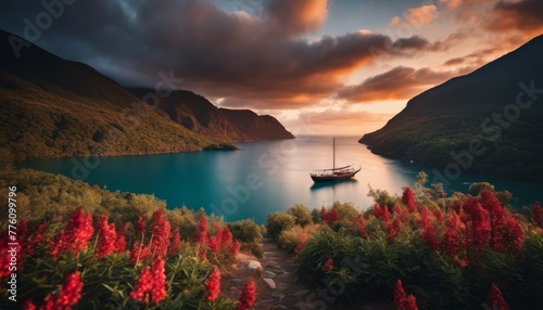 Dramatic sunset over a serene fjord with a vintage sailboat anchored, surrounded by steep mountains and vibrant red flora leading to the water.
