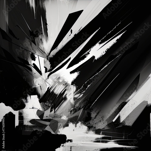 Abstract black and white painting with chaotic brushstrokes and layered textures, evoking tension, depth, and urban decay in a fragmented, expressive composition.