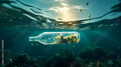 Plastic bottles floating in water, plastic pollution