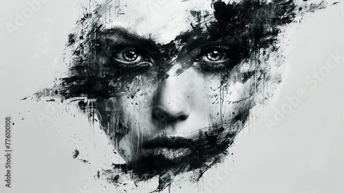 Abstract black and white image of a woman’s face capturing raw emotion and deep expression through bold lines and contrasting tones.. Generated AI.