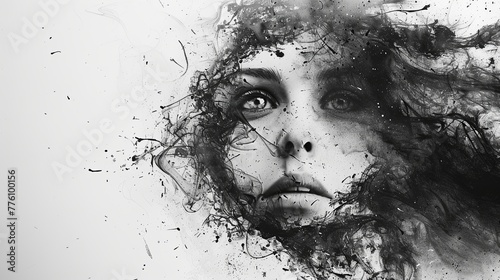 Abstract black and white image of a woman’s face capturing raw emotion and deep expression through bold lines and contrasting tones.. Generated AI.