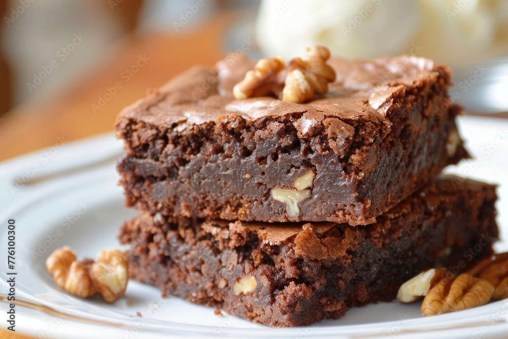 Delicious homemade brownies with a fudgy texture and crunchy walnuts, displayed on a plate for a tempting dessert option.