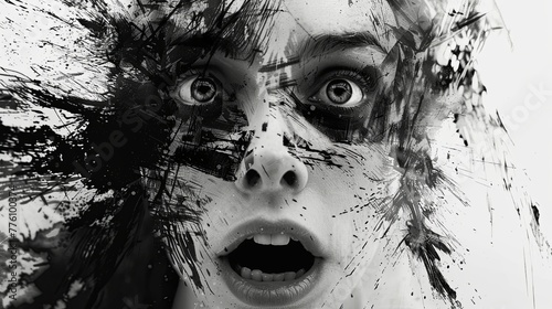 Abstract black and white image of a woman’s face capturing raw emotion and deep expression through bold lines and contrasting tones.. Generated AI.