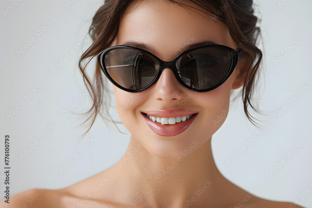 Closeup portrait of a beautiful woman wearing sunglasses happy and smiling Closeup portrait of a beautiful woman wearing sunglasses happy and smiling