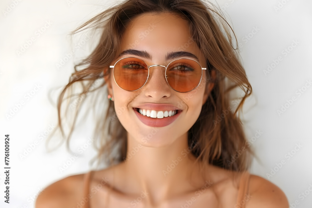 Closeup portrait of a beautiful woman wearing sunglasses happy and smiling