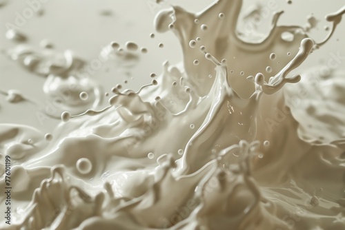 Closeup of white milk splashes, with a neutral background, creating an abstract and visually appealing composition