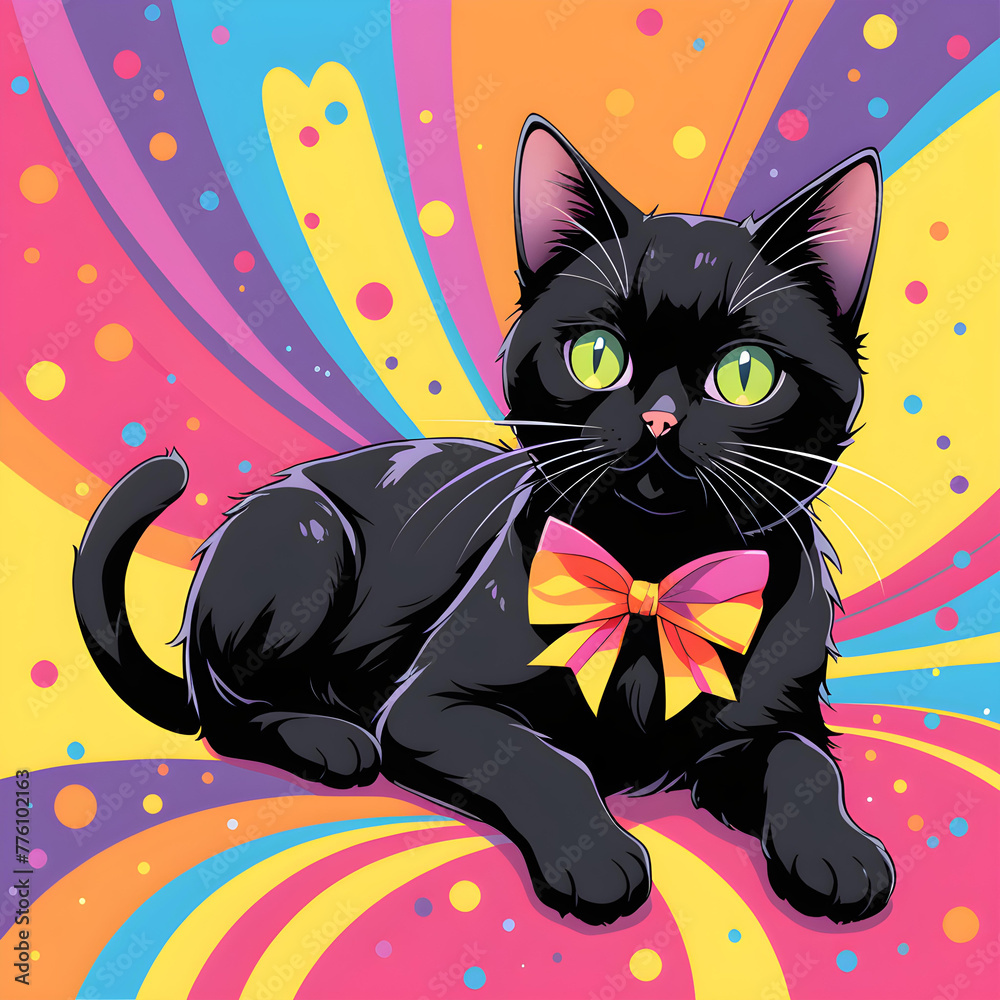 La imagen de un hermoso gato negro sentado, con un moño colorido en el cuello. - obrazy, fototapety, plakaty 