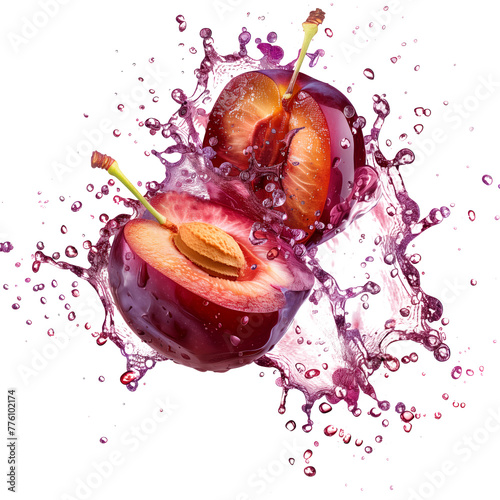 Plums exploding and bursting into pieces with juice splatters in different directions, isolated on a white or transparent background. Fruit explosion, plums juice splashes, side view photo