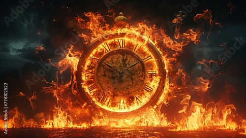 A dramatic abstract image of a vintage clock engulfed in flames symbolises the destruction of time, urgency, or the relentless passage of moments. 