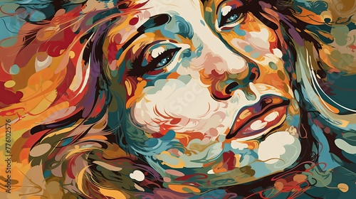 Abstract image of a woman’s serene face with soft colours and flowing lines, evoking peace, stillness, and inner calm. Generated AI.