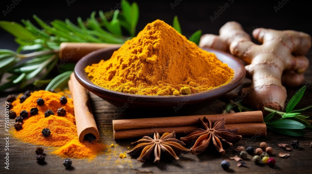 Spices curry powder, turmeric, ginger, bay leaf. Food background Spices curry powder, turmeric, ginger, bay leaf. Food background