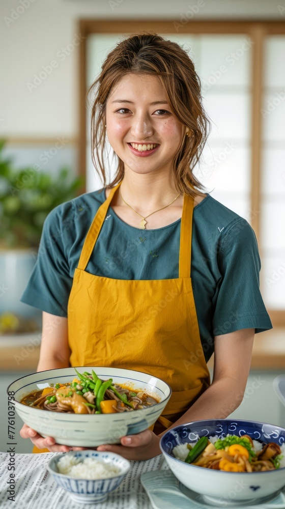 Smiling Woman in Yellow Apron Presenting Homemade Healthy Meal in Bright Kitchen Setting