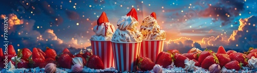 Strawberry Sundae themed outdoor movie night, with sundae treats for the audience , illustration