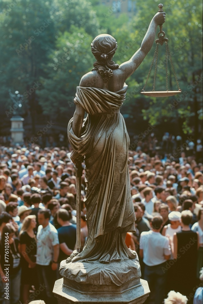 A bronze statue of Themis, blindfolded, symbolizing justice and impartiality, stands in the city square.