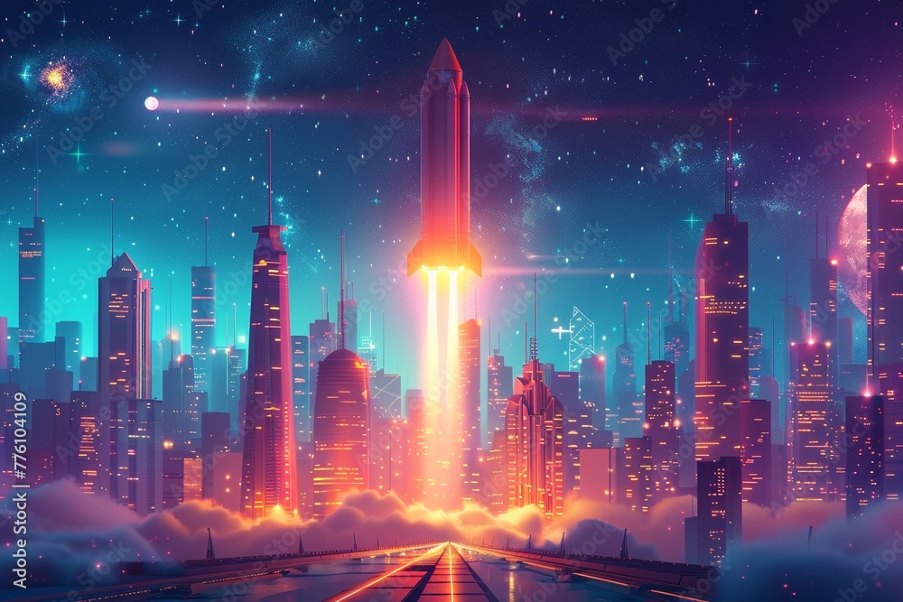 Futuristic cityscape with a gleaming rocket taking off, representing innovative startups changing the urban future