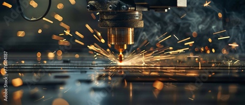 Close-up of a CNC machine laser cutter in action, intense beam slicing through metal with precision, sparks scattering.