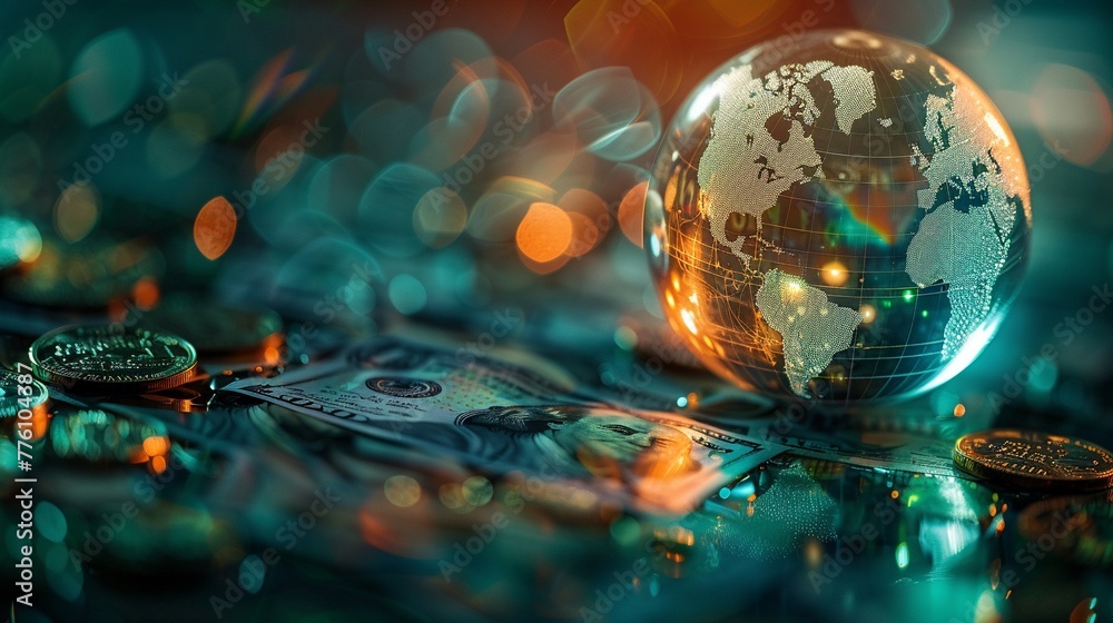 Globe surrounded by diverse currencies and trading symbols, symbolizing global investment flows and exchange dynamics - obrazy, fototapety, plakaty 