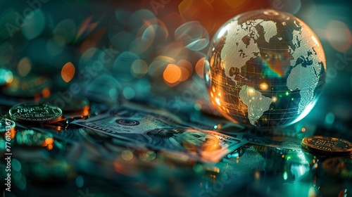 Globe surrounded by diverse currencies and trading symbols, symbolizing global investment flows and exchange dynamics