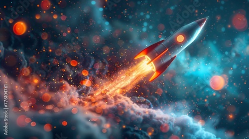 Illustration of a rocket breaking through digital barriers, symbolizing startup success in the tech industry