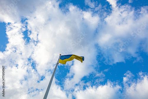 Closeup of waving Ukrainian national flag photo