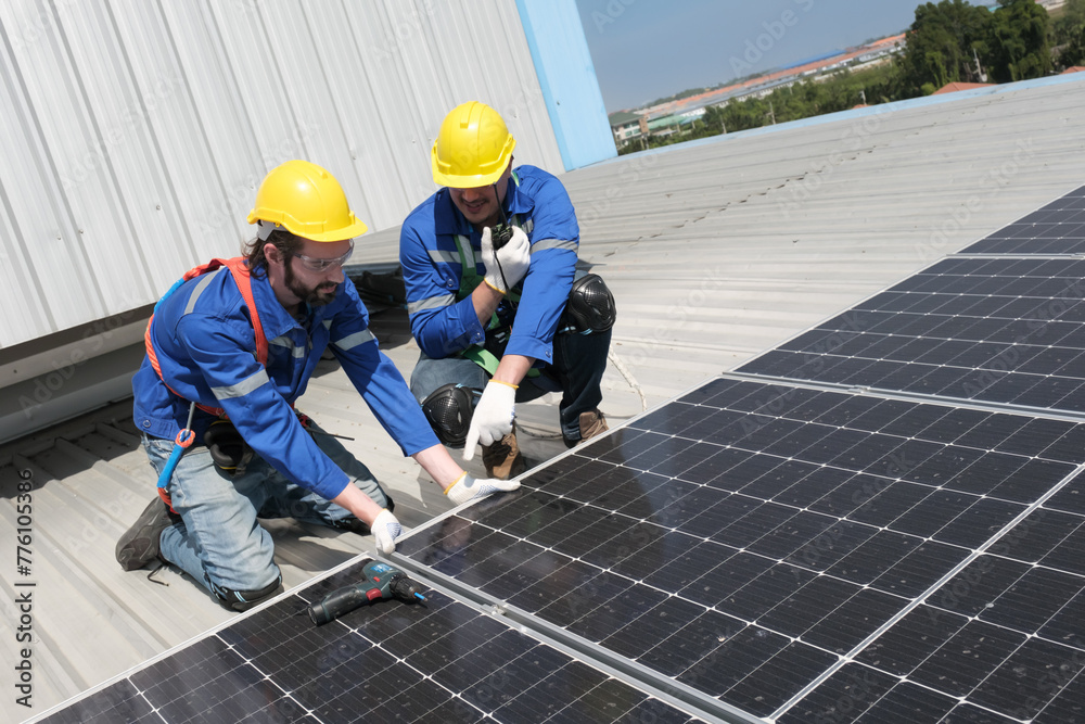 custom made wallpaper toronto digitalEngineers or workers install and inspect solar cell on the roof of the factory.