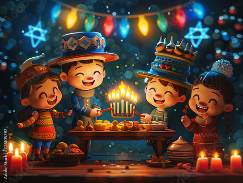 A playful depiction of Hanukkah with cartoon characters lighting a colorful menorah spinning dreidels photo