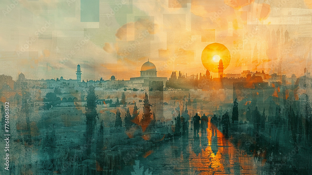 Obraz premium A Tisha BAv double exposure illustration combining solemn imagery of mourning and temple destruction with historical depictions of Jerusalem